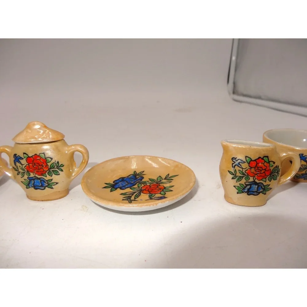 Vintage Lusterware Childs Floral Porcelain 10 Piece Orange/Peach &‎ Blue TeaSet